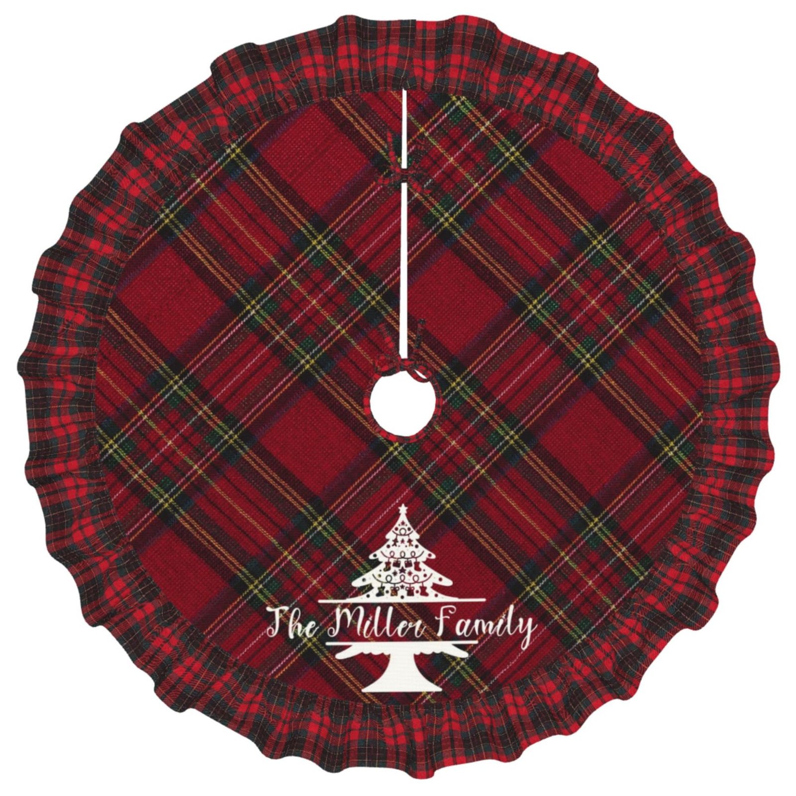 Red plaid Christmas tree skirt with ruffled edge and family name