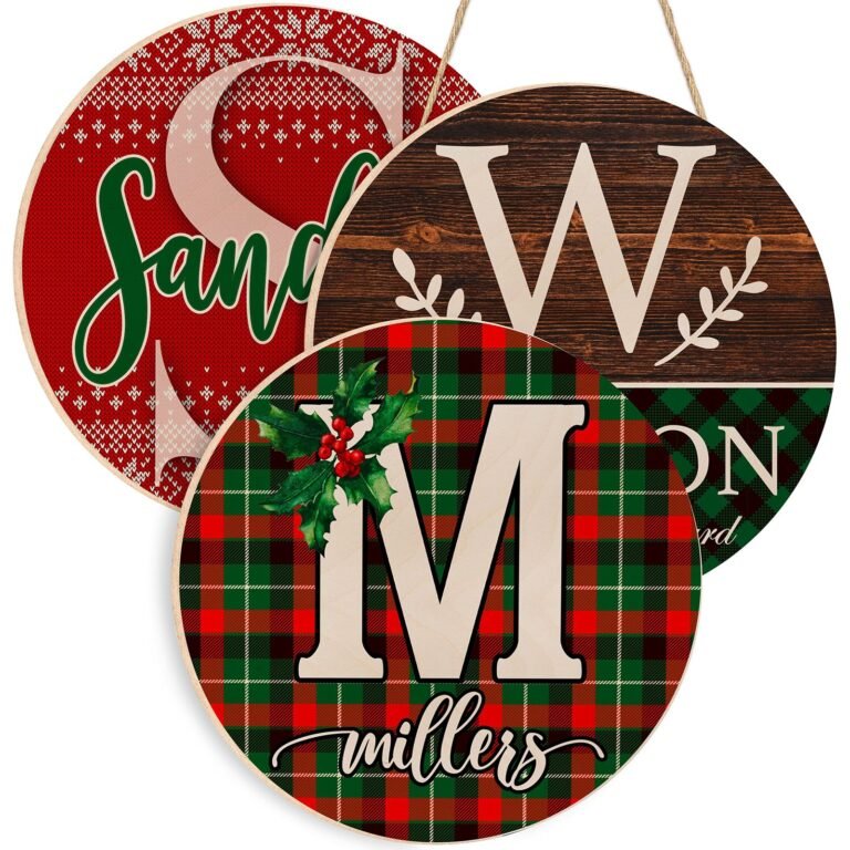 Three round Christmas signs with letters, plaid, and holiday designs
