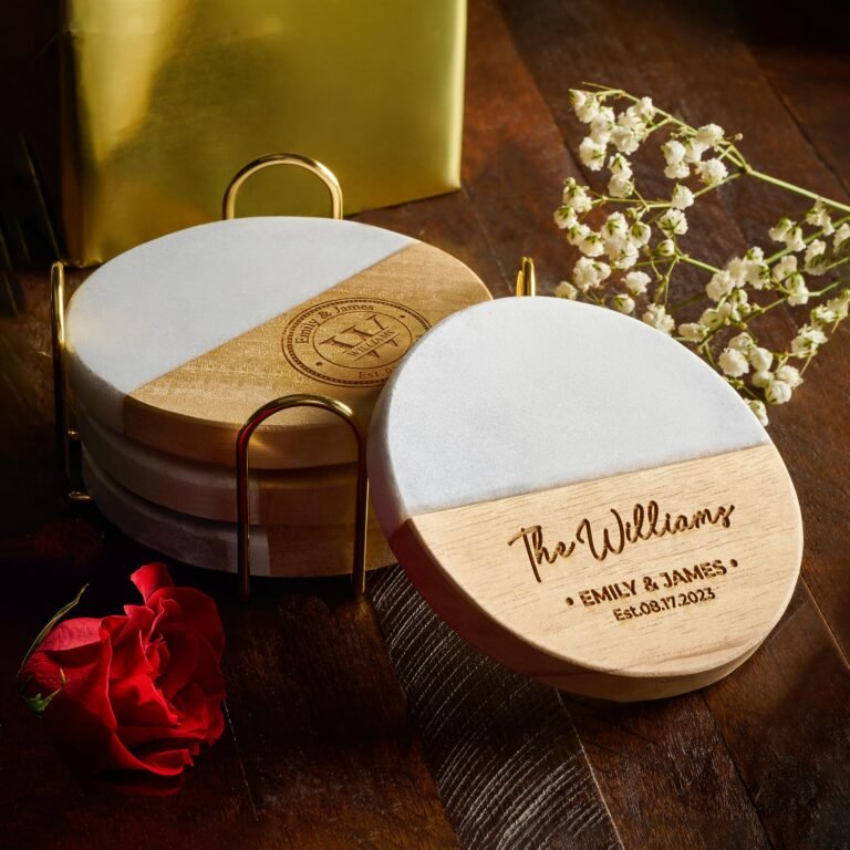 Personalized coasters with names and wedding date, with flowers and rose