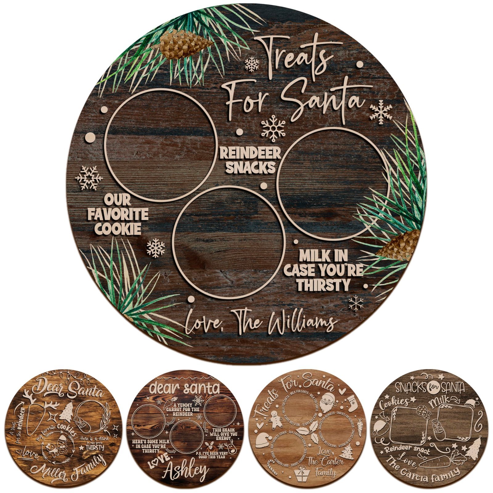 Wooden "Treats for Santa" tray with sections for cookies, snacks, and milk