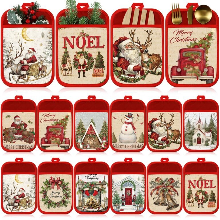 Christmas-themed oven mitts with various festive designs, including Santa, reindeer, and snowmen