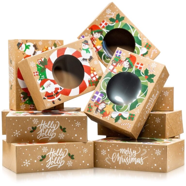 Christmas-themed gift boxes with window cutouts, decorated with festive illustrations
