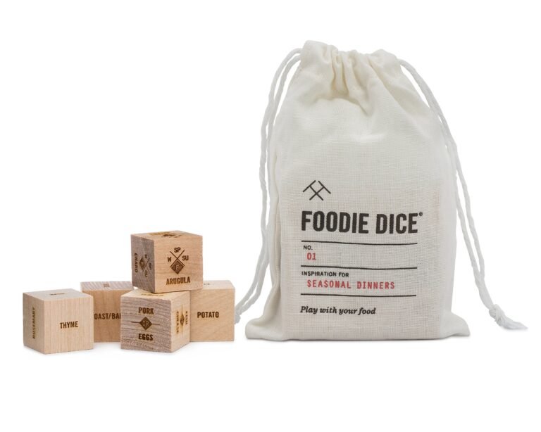 Foodie Dice set with wooden dice and a drawstring bag